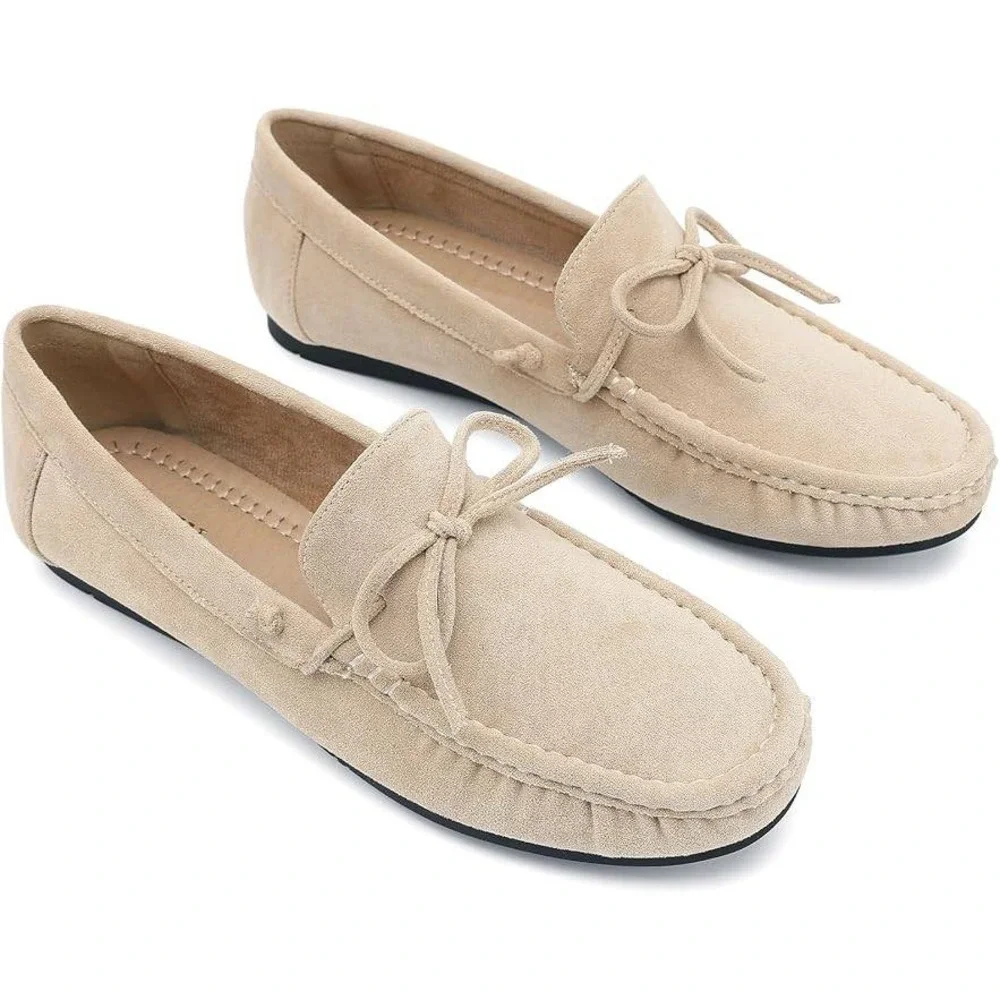 Sand Faux Suede Driving Moccasin Loafers Car Shoes Bow Slip On Flats NIB Sz 8
